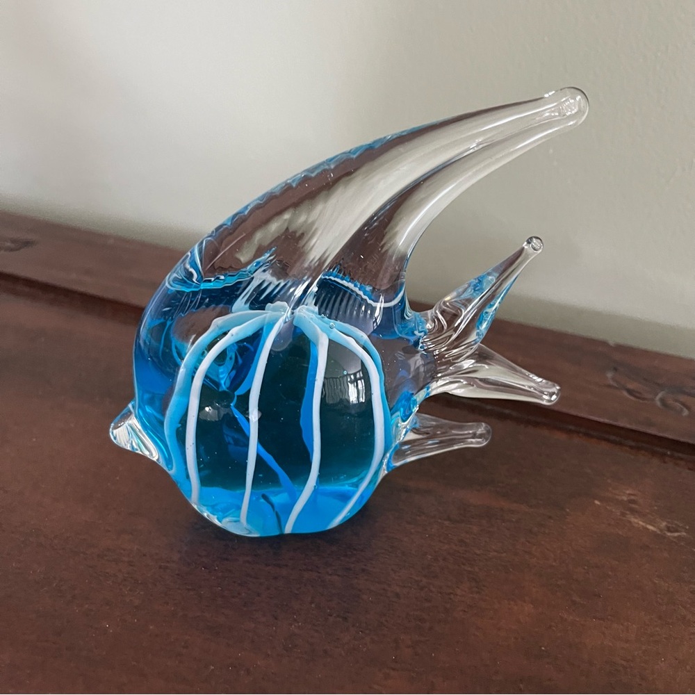 Blown Glass Art, Tropical Fish Aqua Blue Paperweight 4 Inches Tall